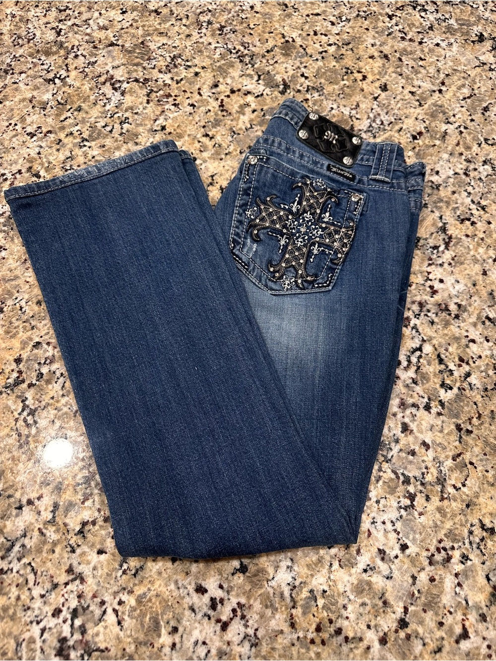 Miss Me Mid-Rise Bootcut Jeans – Embellished Cross Pockets – Size 31x32